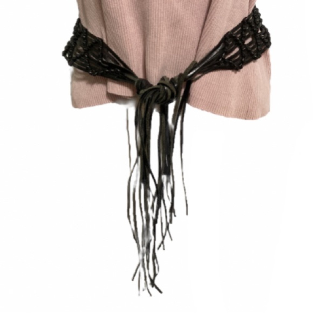 Boho Bohemian Leather Fringe Macrame Self Tie Belt 36 Inch Waist